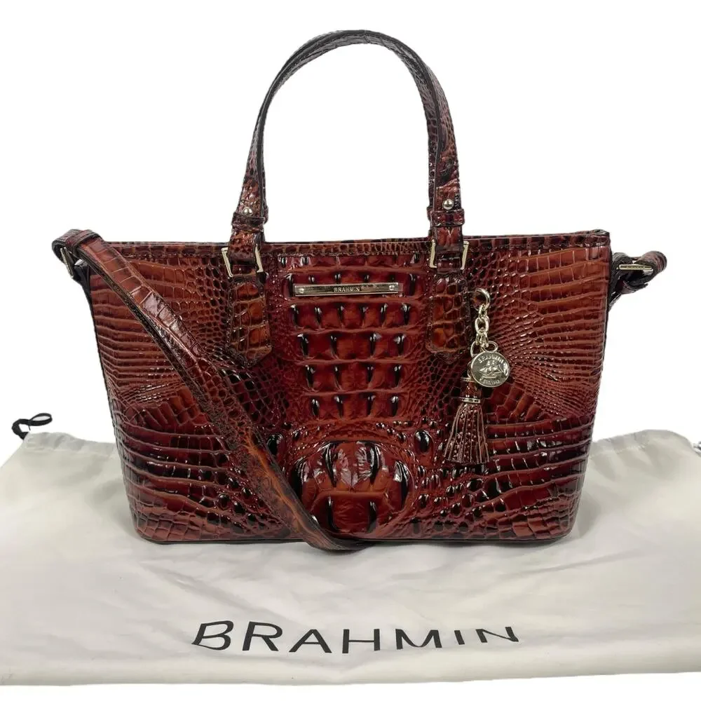 Brahmin Mini Asher Tote Satchel Bag Pecan Melbourne Brown Croc Embossed